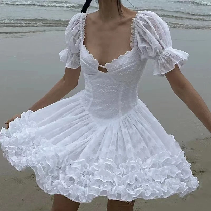 

2023 Summer Dresses For Women Sexy Plain Ball Gown Beach Wear Puff Sleeve 3D Flowers Backless Mini Party Dress Female Clothing