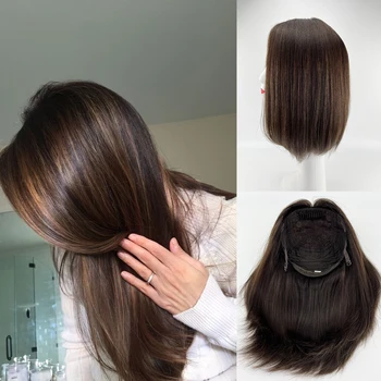 Highlight Brown Skin Silk Top Jewish Wig Bob Wig Virgin European Human Hair With Clips In 14 Inch Virgin Hair Silk Base Wig