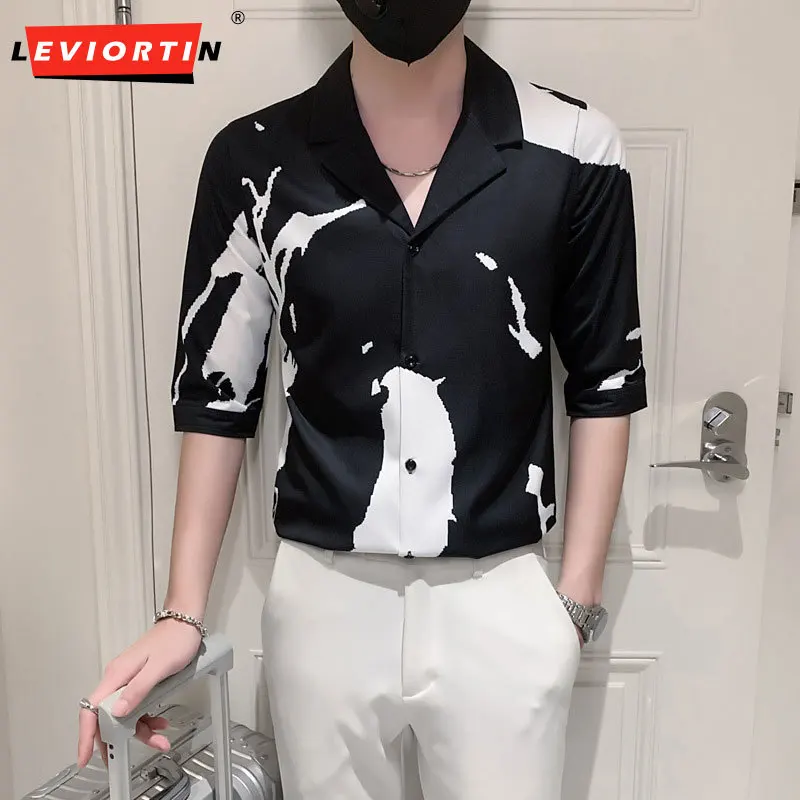 

Black/White Summer Turn Down Collar Half Sleeve Casual Shirts For Men Clothing 2023 All Match Slim Fit Office Blouse Homme 3XL-M