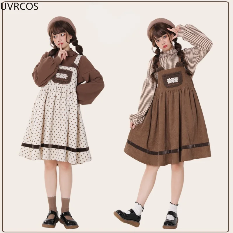 Japanese Korean Style Girls Corduroy Party Jsk Dress Autumn Winter Women Bear Embroidery Loose Sweet Lolita Strap Dresses Kawaii lolita dress lolita suspender dress lolita cosplay costumes suspender dress