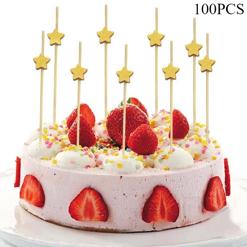 100Pcs Gold Stars Disposable Cocktail Picks Handcrafted Wooden Sticks Fruit Charcuterie Barbecue Favor for Premium Party Decor
