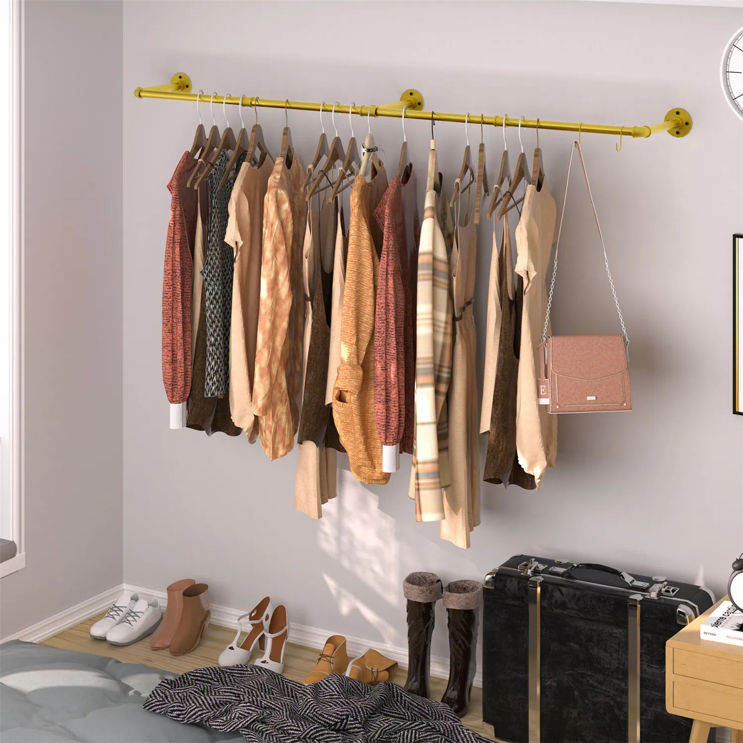 Industrial Pipe Clothes Hanging Rack: Wall Mounted Iron Clothing Storage Hanger Rod - Heavy Duty Multi-Purpose Metal Garment