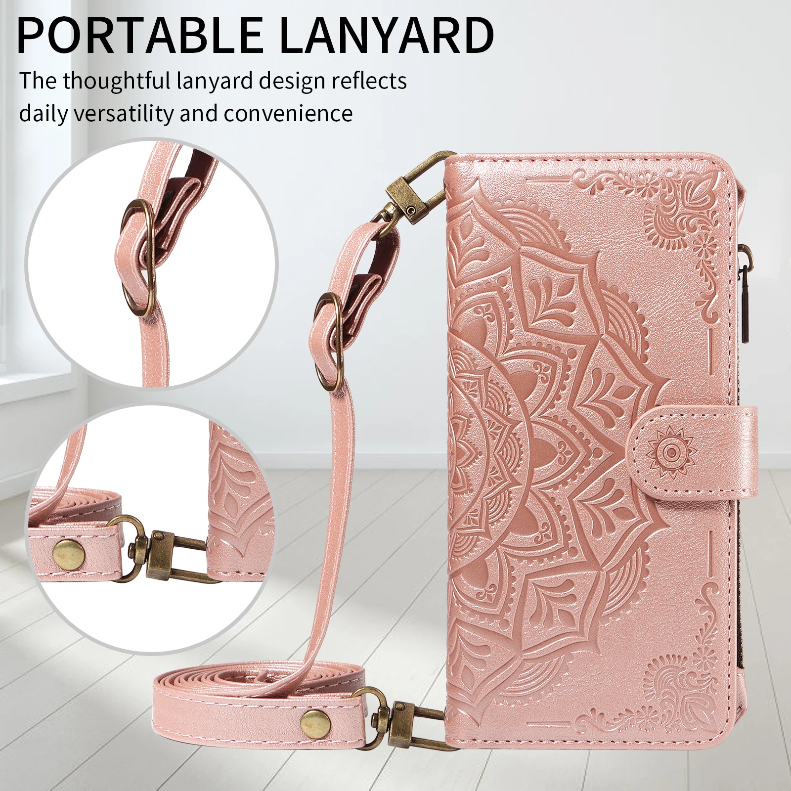 Leather Flip Phone Case - Card Holder Wallet with Zipper and Embossed Design