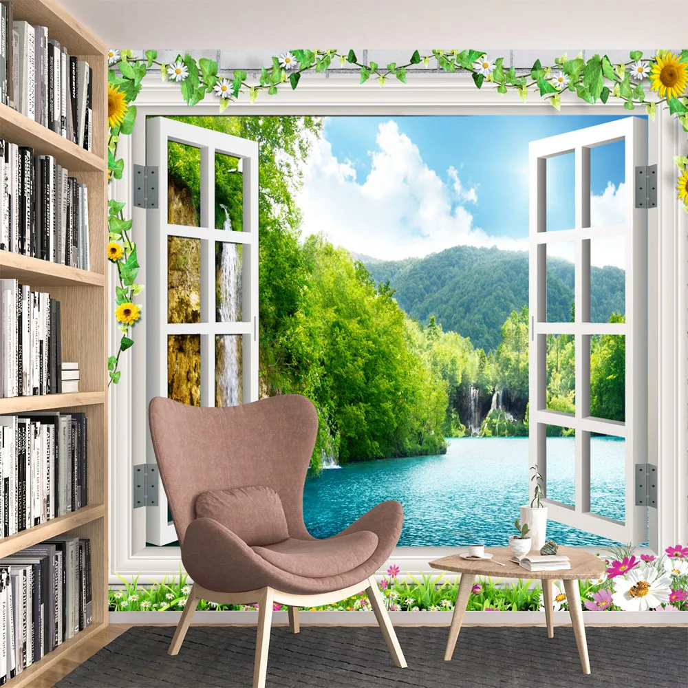 

Custom Self Adhesive Accept Wallpapers for Living Room Desktop Contact Walls Papers Home Decor Brick Nature Lake Window Murals