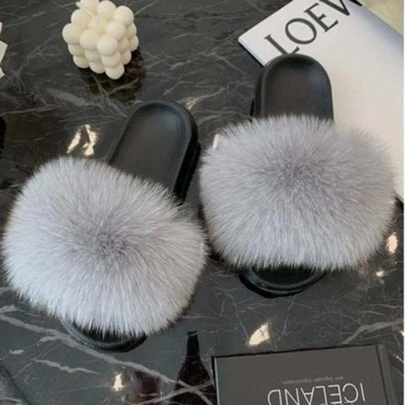 Summer Women Fox Fur Slippers Furry Flat Heels Fluffy Pink Slides High Quality Cozy Raccoon Fuzzy Sandals Fashion House Shoes - Image 4