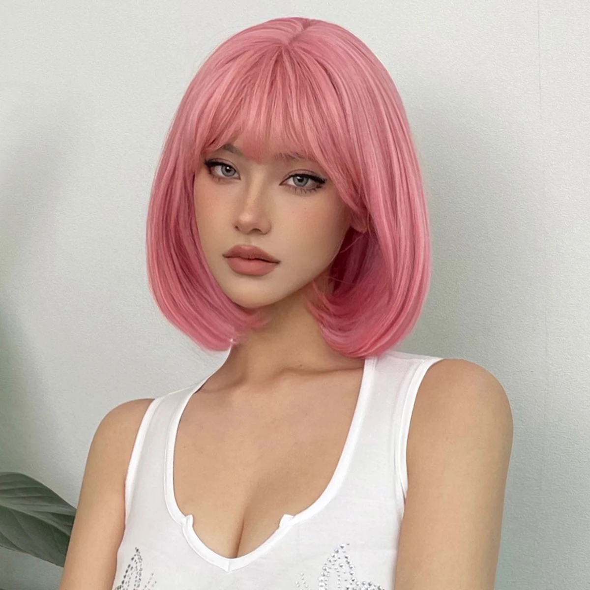 Synthetic Wig Short Straight Bob Pink Natural Hair with Bangs for Women Cosplay Cute Heat Resistant Fiber