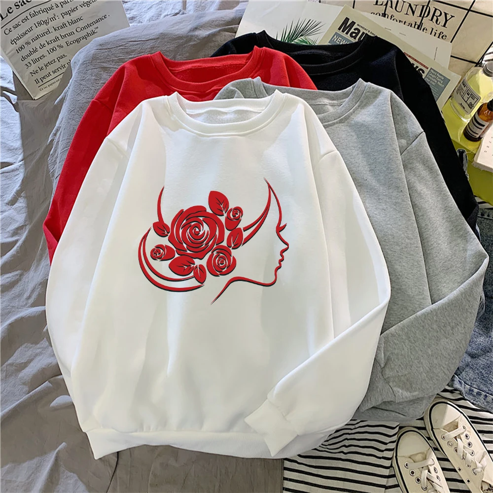 

Women Fashion Rose Flower Print Hoodies Tops Long Sleeve Female Pullover Harajuku Streetwear Sisters Clothes