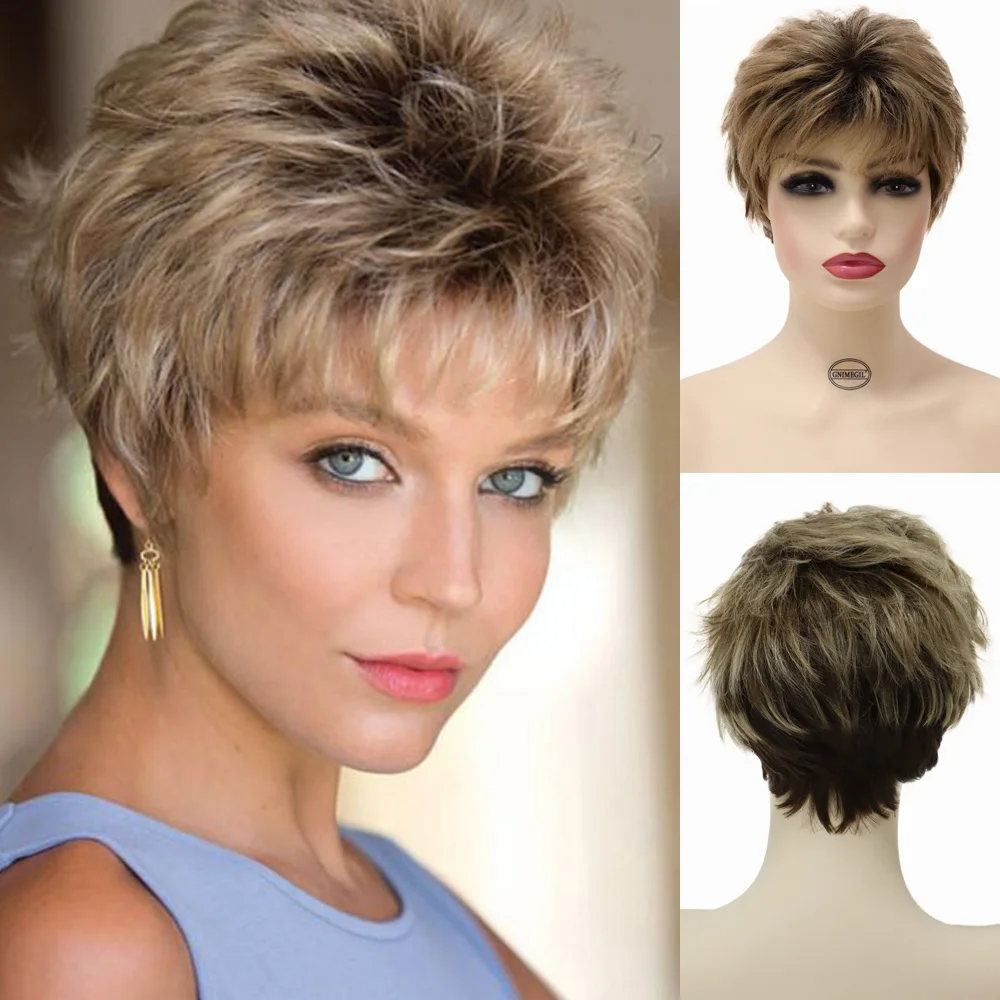 

GNIMEGIL Synthetic Wigs for Women Natural Curly Short Hairstyles Pixie Cut Wig with Bangs Mixed Blonde Brown Ombre Curly Wigs