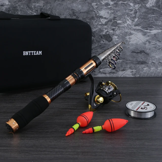 BNTTEAM 99% Carbon Telescopic Fishing Rod Spinning Reel Combo Set with Line  Lures Kit Bag