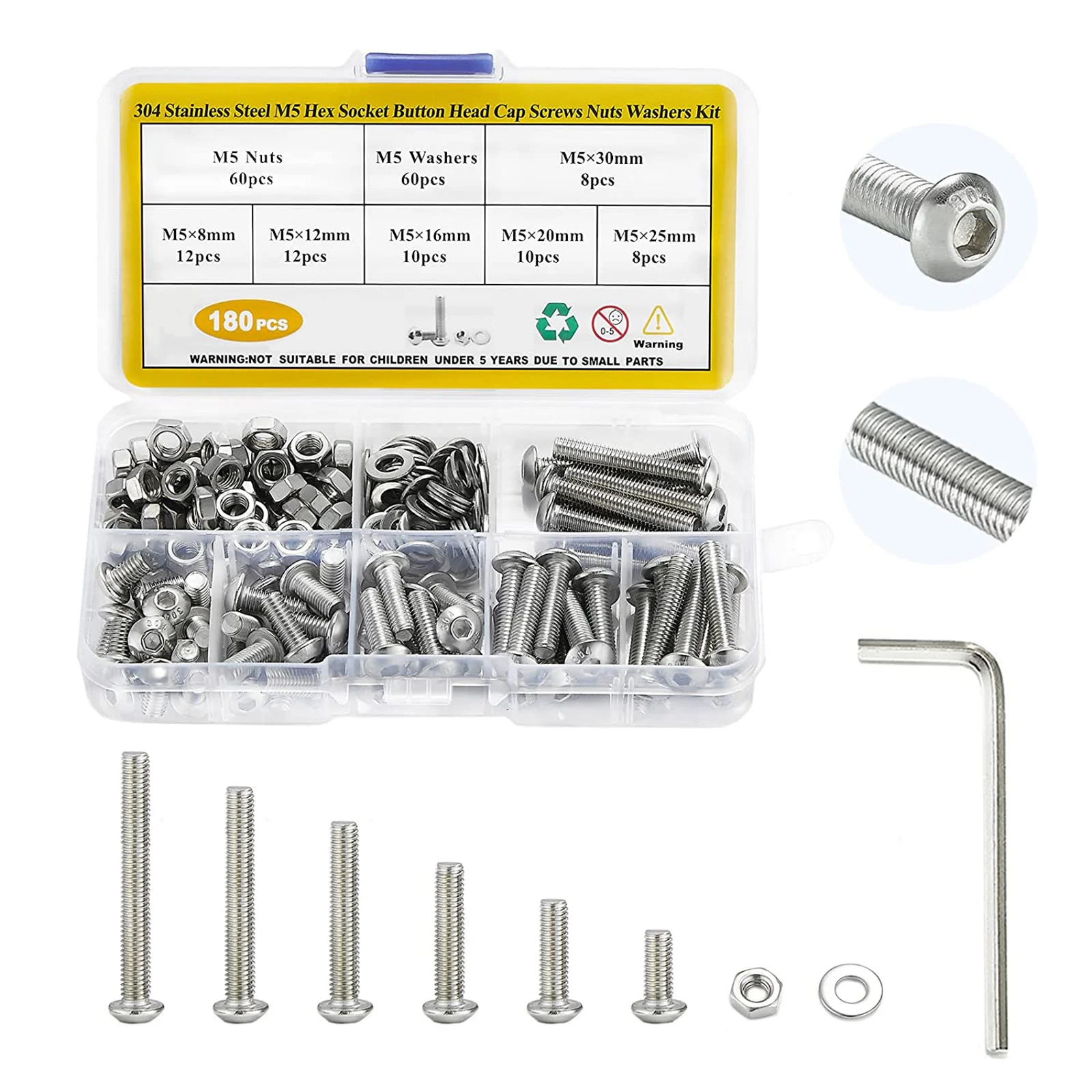 Vis D'Allongement M5 En Acier Inoxydable 304 - Tête Hexagonale Creuse, Longueurs 40-120mm