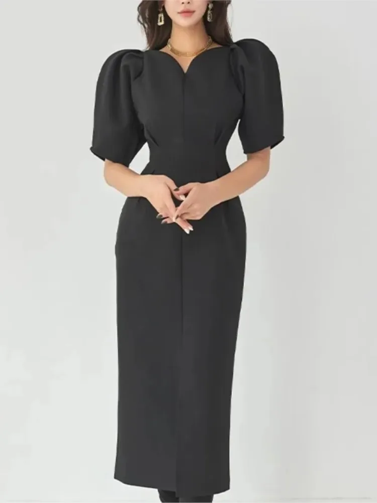 

Spring Autumn New Midi Dress Women Short Sleeve V-Neck Split Solid Slim Dresses Elegant Evening Party Fashion Female Clothing