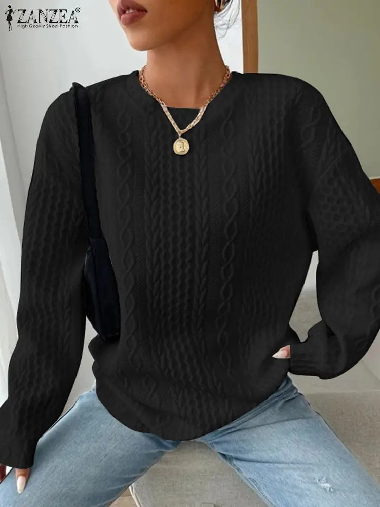 

ZANZEA Women Long Sleeve Sweatshirts 2023 Winter Round Neck Hoodies Casual Twist Texture Tunic Fashion Solid Pullover Oversize