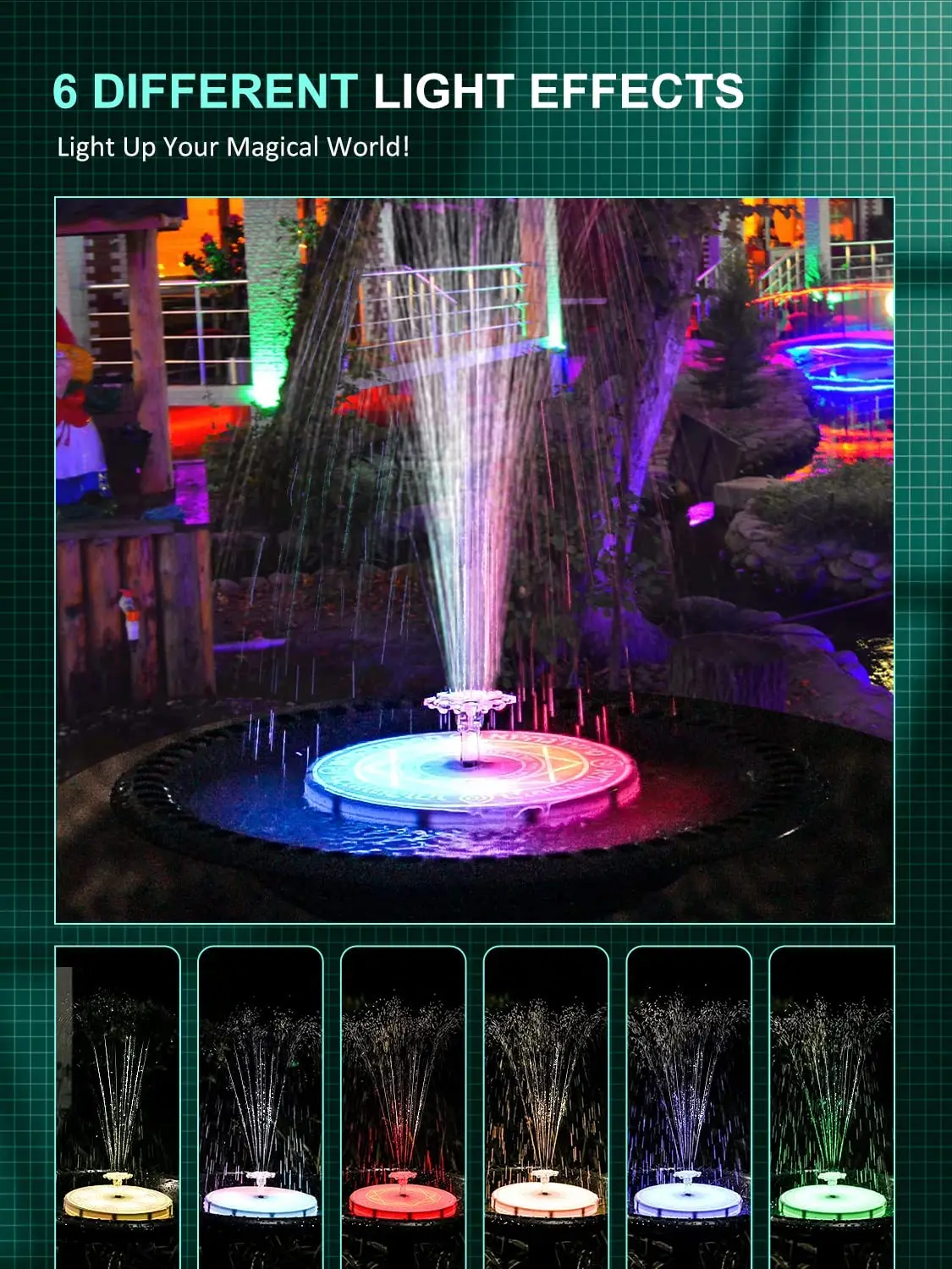 AISITIN Solar Fountain, Solar Bird Bath Fountains with 72 RGB LED Lights & 6 Lighting Modes 3600mAh Battery with Remote for Pond