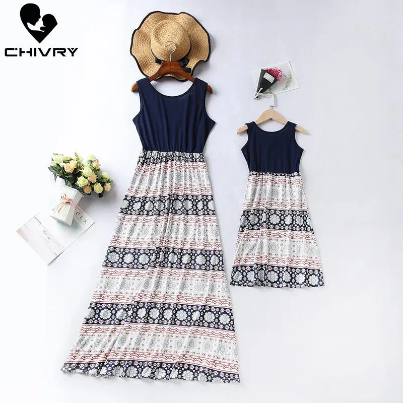 

Chivry 2022 Mother Daughter Dresses Sleeveless Patchwork Print Long Maxi Dress Mom and Daughter Sundress Family Matching Clothes