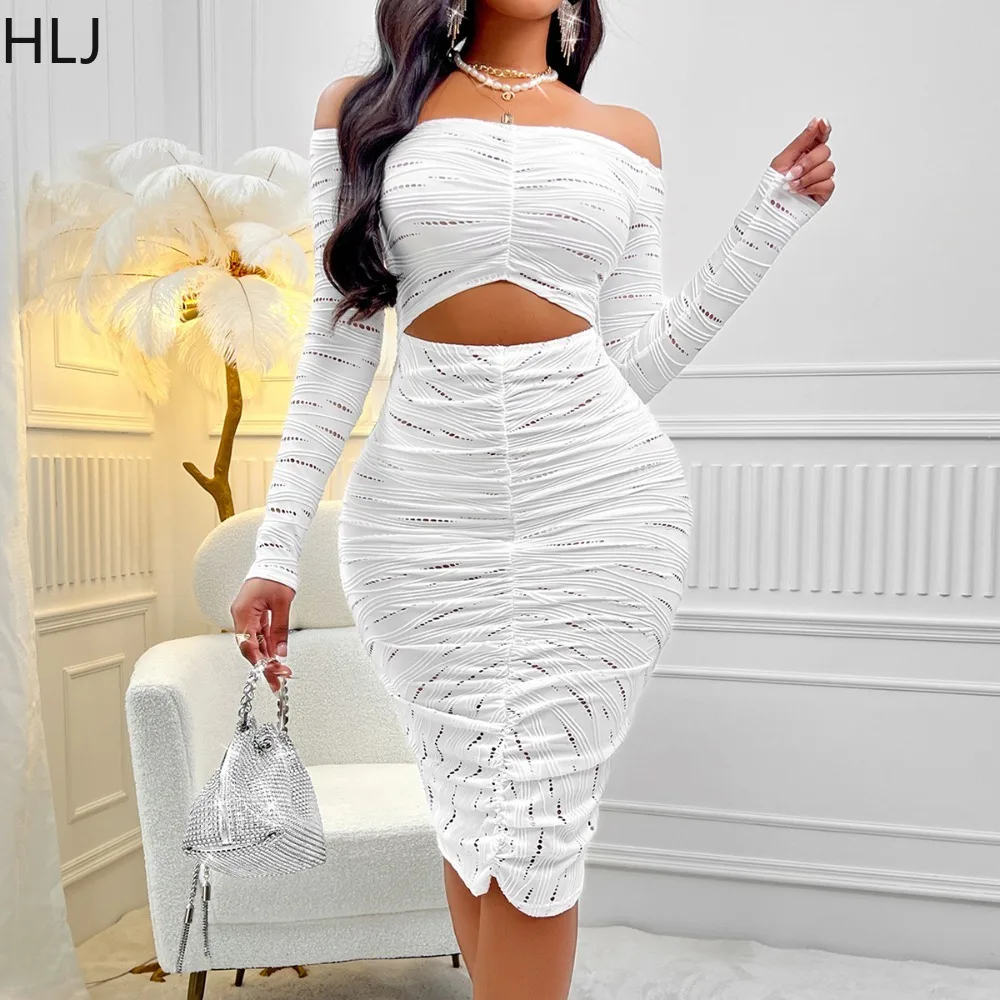 

HLJ White Sexy Off Shoulder Hollow Out Bodycon Knee Dresses Women Long Sleeve Slim Ruched Dress Fashion Female Hole Streetwear