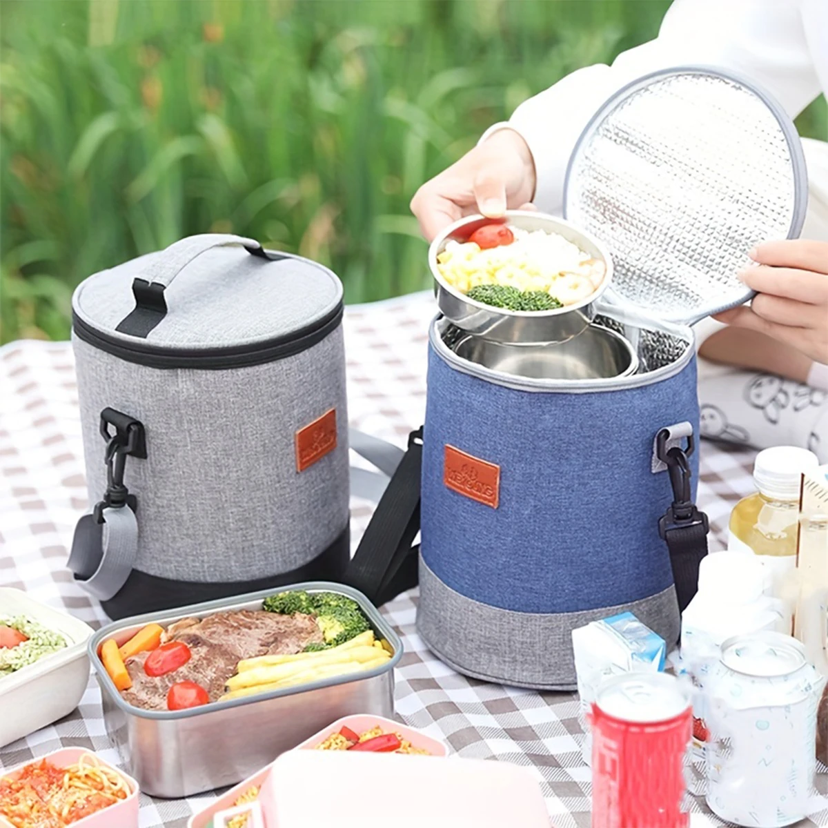 Round Thermal Bag Aluminium Foil Lunch Box Bag Cylinder Bento Shoulder Waterproof Large Capacity Lunch with Suitab
