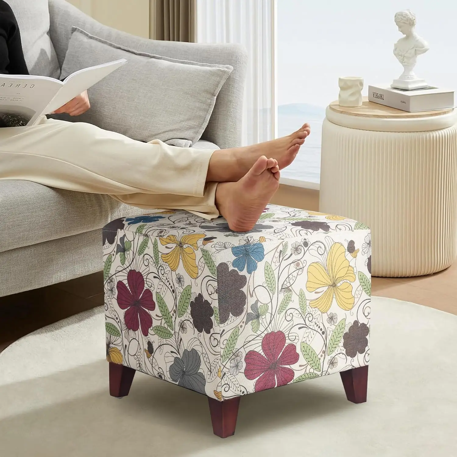 Small Foot Stool Ottoman, 16.3" Linen Cube Ottoman Foot Rest with Wood Legs, Upholstered Ottomans Footstool