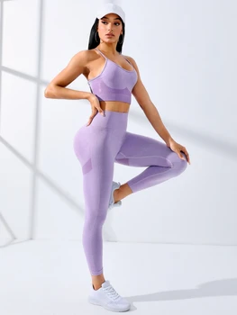 Ensemble de yoga sans couture pour femmes, tenues d'entraînement, leggings de survêtement sportifs, mince sangle initiée, soutien-gorge de sport commandé, Fitn, 2 pièces