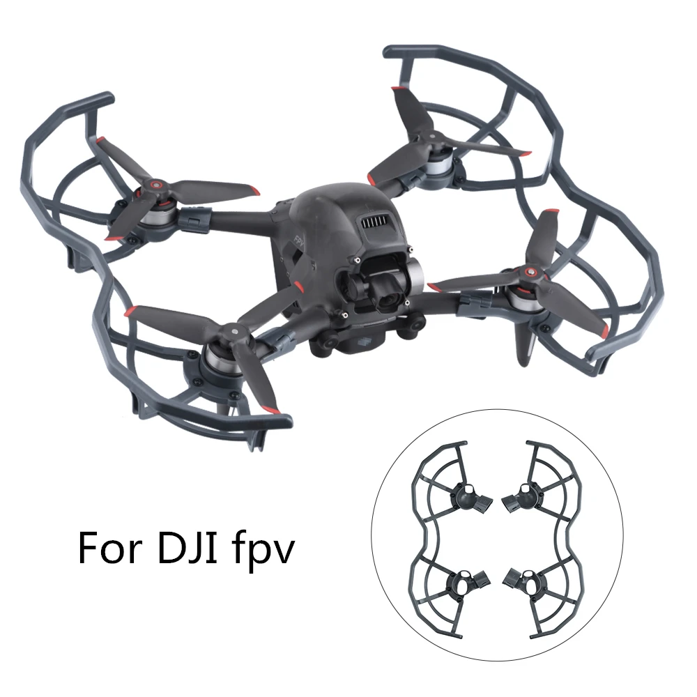 Anneau de protection pour hélices DJI FPV gris monté sur drone, offrant anti-collision et sécurité de vol en extérieur.