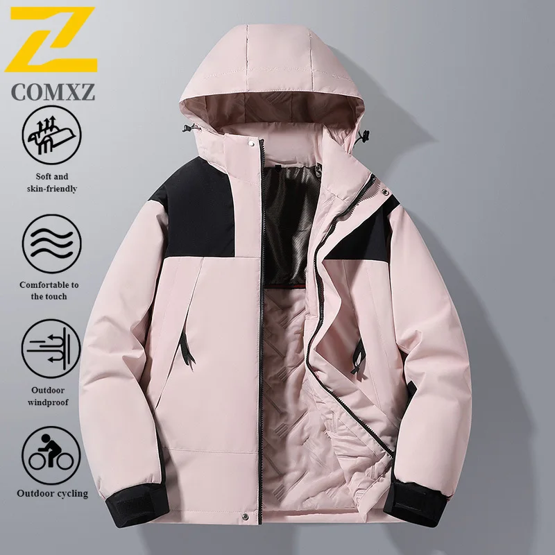 COMXZ Graphene Heated Windbreaker Men's Hooded Winter Jacket Waterproof Windproof Thermal Outdoor Coat for Camping Fishing 2025