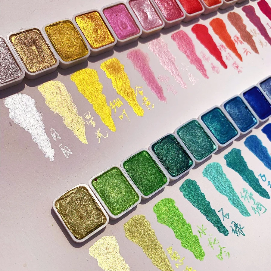 24-color pearlescent watercolor paint set solid palette for artistic blending and Japanese gradient effects watercolor painting set