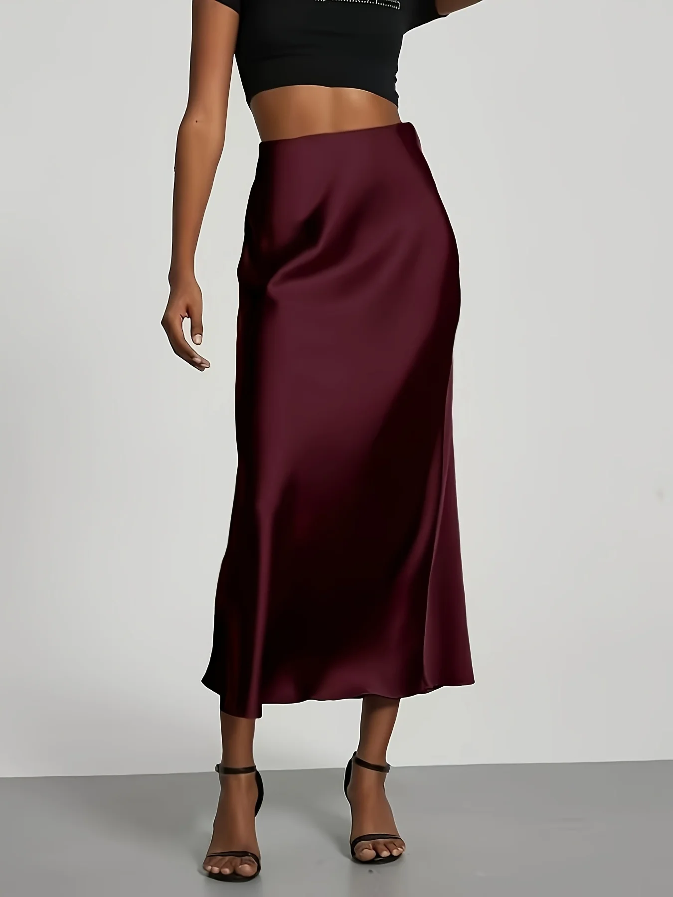Women's Satin Midi Skirt, High‑waisted Slim Straight, Elegant Draping, Mature Versatile for Commute, Vacation & Parties 2