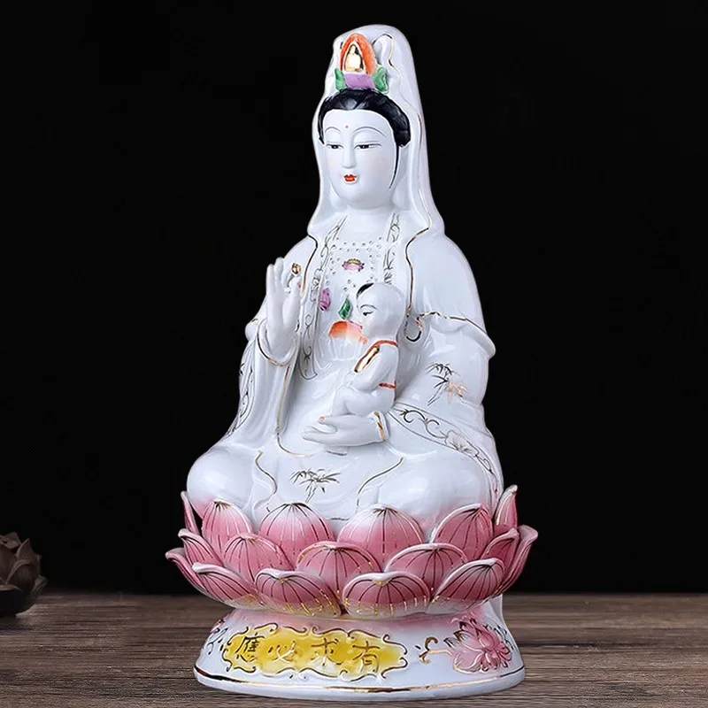 Chinese Ceramic Goddess of Mercy Statue - Fertility Guanyin Bodhisattva, Home Decor Buddha Figurine for Blessing, Pregnancy Wish