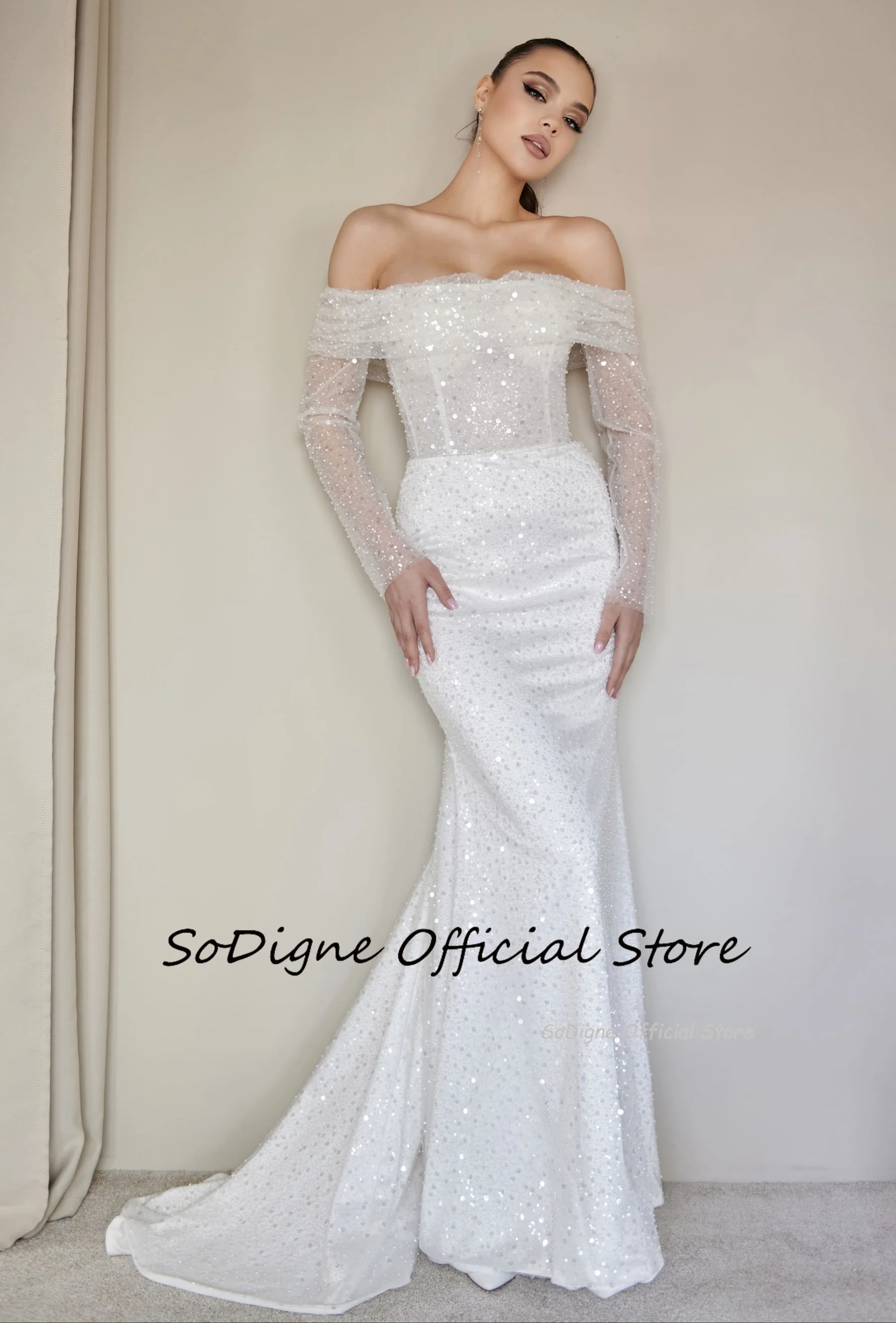 SoDigne Mermaid Glitter Wedding Dresses Off Shoulder Long Sleeves Sequined Bridal Dress Wedding Gown Robe De Mairee Customized 14 S98ac36c003b64a599ba7e58bbd1b982af