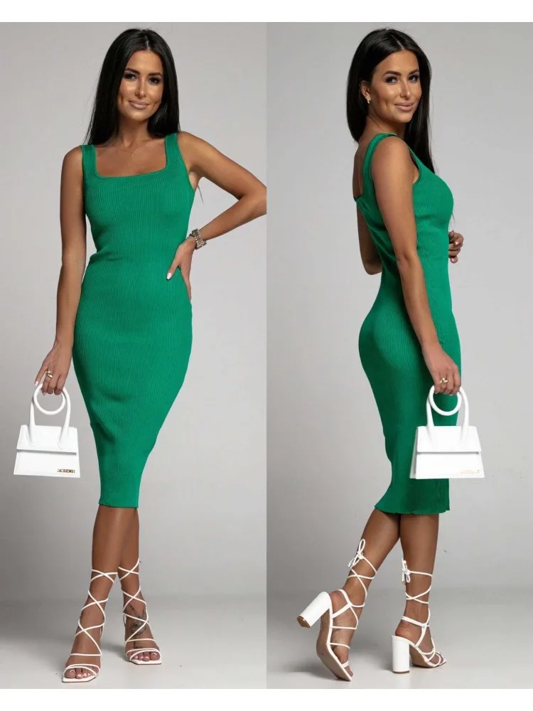 New Summer Fashion Women's U-Neck Sleeveless Knitwear Dress Solid Color Simple Backless Elegant Slim Hip Wrap Casual Dress