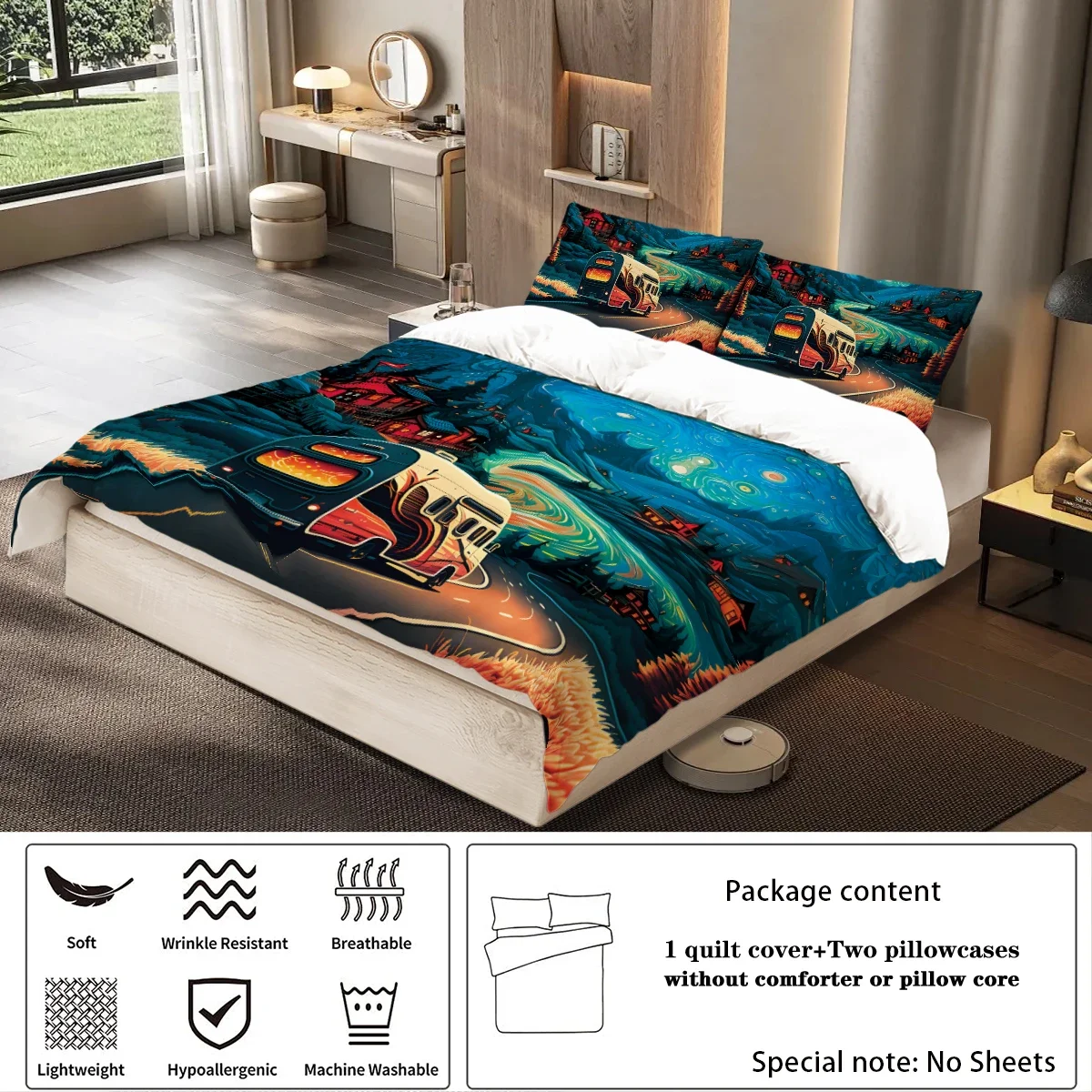 3-piece set, camping pattern printed duvet set, queen, king, double bed, party  funny and creative bedding set