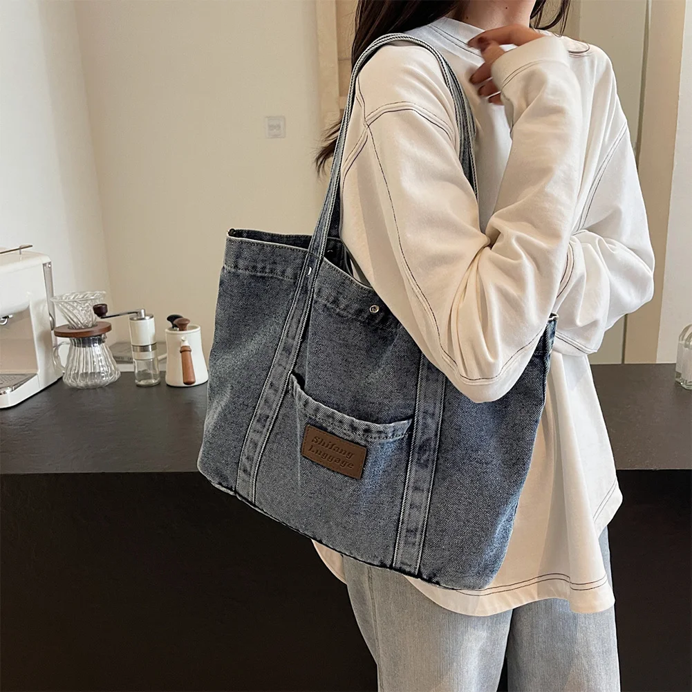 Women Denim Shoulder Bag Casual Underarm Bag Large Capacity Trendy Hobo Bag Hasp Closure Vintage Tote Bag Outdoor Travel Bag