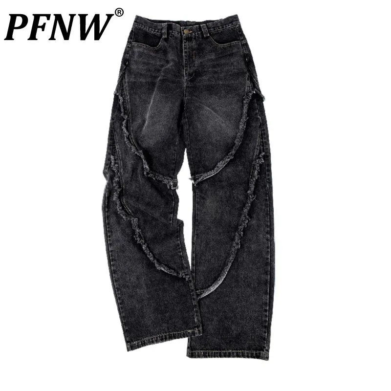 

PFNW Men's Darkwear New Tide Heavy Weight Jeans Wash Loose Denim Trousers Black Raw Stitching Women High Street Fashion 12Z2231