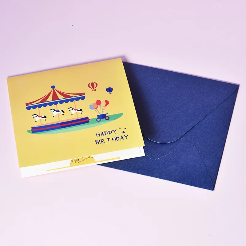 Happy Birthday Cards 3D Pop up Carousel for Kids Cute Cartoon Holiday Blessings With Envelope Children's Day