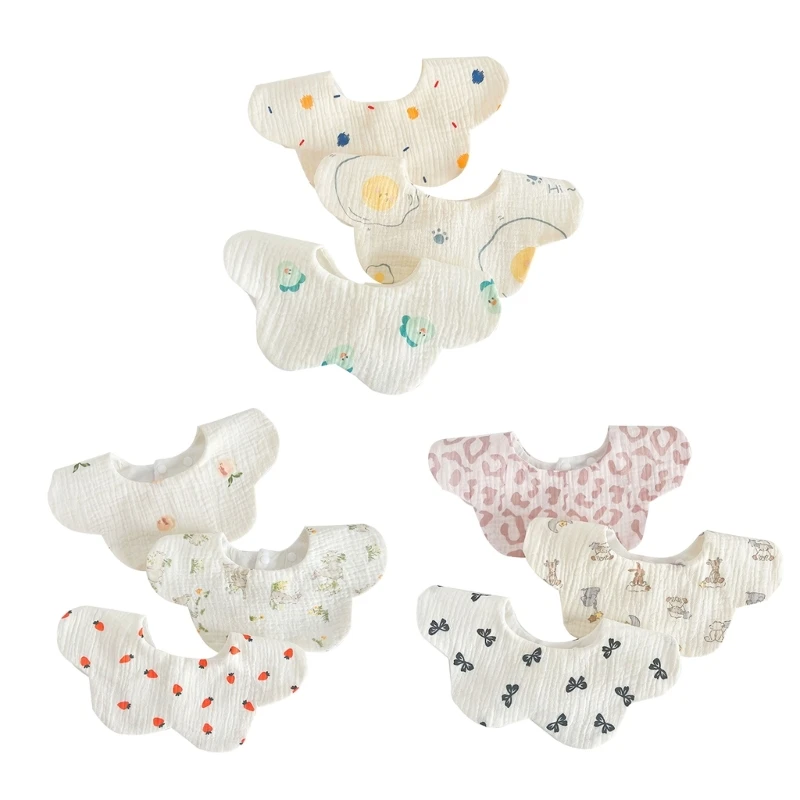 Pack of 3pcs Baby Burp Cloths Cotton Bib Cartoon Newborn Bib Waterproof Petal-edge Comfortable Newborn Nursing Bibs