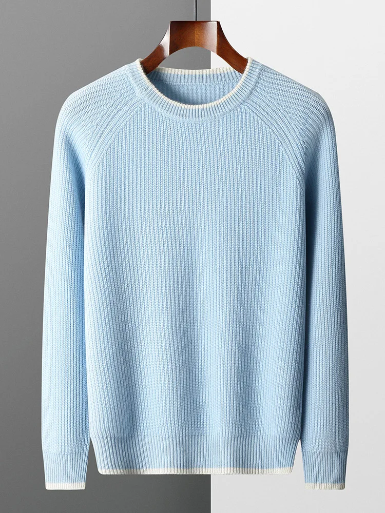 Autumn and Winter New Men's 100% Merino Wool Sweater Thickened Round Neck Knitted Hoodie Long Sleeve Solid Color Men's Wear 3