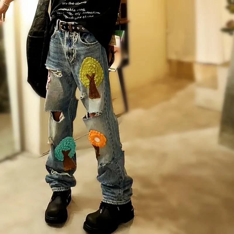 

Джинсы женские с вышивкой и аппликацией, модные рваные джинсовые брюки унисекс в стиле хип-хоп, повседневные модные штаны с дырками, весна-осень NZ100