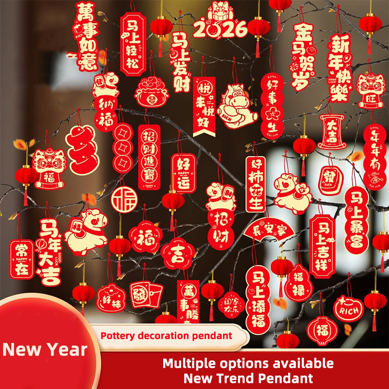 40pcs New Year Greeting Cards Cartoon Blessing Pendant Gift Card Red Hanging Tags 2026 CNY Spring Festival Home Party Decor