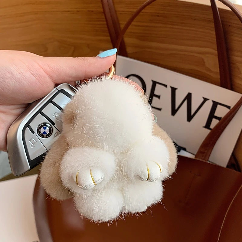 Cute Long Ear Bunny Keychain Real Mink Fur Rabbit Doll Pendant Toys Keyring Handbag Charm Ornament Pompom Plush Jewelry Gifts