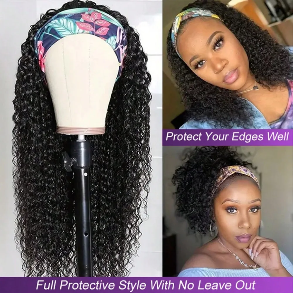 Curly Headband Wig 20 Inch Deep Wave Glueless Wigs Human Hair Put On And Go Wig 200% Density Deep Curly Wig Natural Color