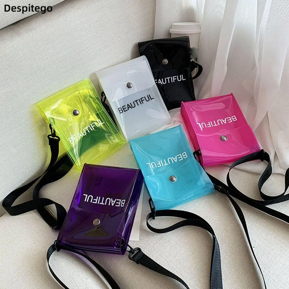 Fashion PVC Jelly Color Flap Bag Women Transparent Single Shoulder Messenger Bag Lady Mobile Phone Bag Cosmetic Bag