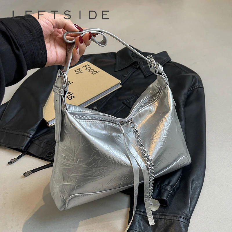 

Женские сумки на плечо из серебристой искусственной кожи на цепочке, лето 2024, модные дизайнерские корейские сумочки и кошельки, трендовая сумка под подмышку