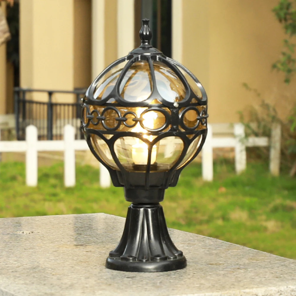 Mengjay Outdoor Pillar Lamp Globe Glass Shade Door Post Lamp Waterproof Antique Lighting Rainproof Pillar Light