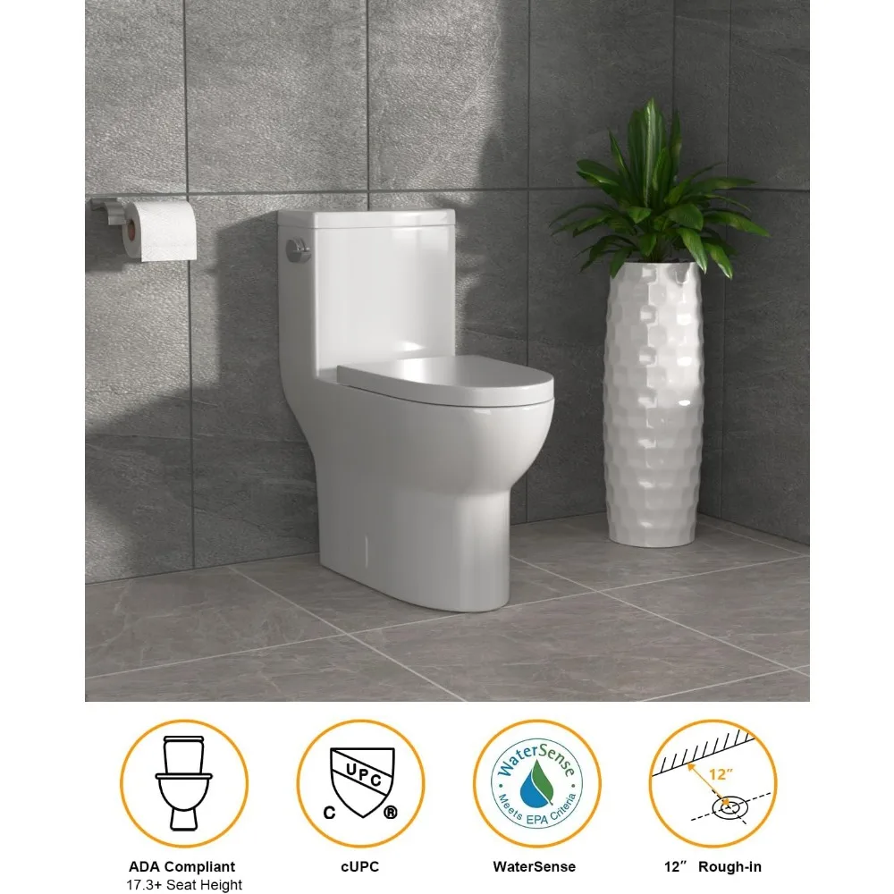 One-Piece Toilet Cyclone Flush Dual Flush 1.1/1.6 GPF Comfort Soft-Close Seat Ivory White, 12" Rough-In, 27.6 x 14.6 x 28.5 3