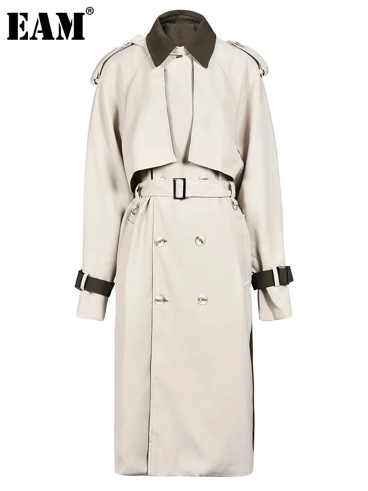 

[EAM] Women Beige Belted Big Size Trench New Lapel Long Sleeve Loose Fit Windbreaker Fashion Tide Spring Autumn 2024 9D0946
