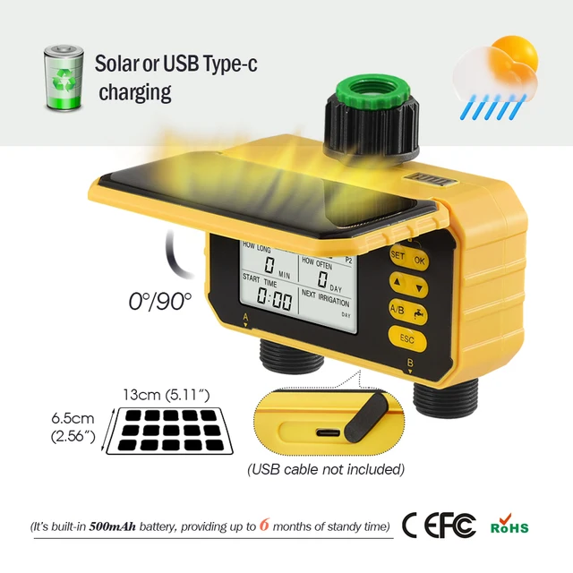 Solar Programmable Water Timer 2-Way Independent Outlets Digital Garden Sprinkler Controller Built-in Battery Rain Sensor 2