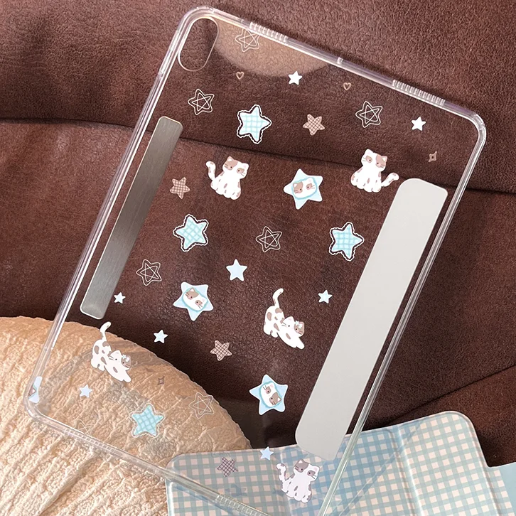 Blue Plaid Cat Magnetic Detachable Tablet Case with Acrylic Shell and PU Cover, Y-Fold Design