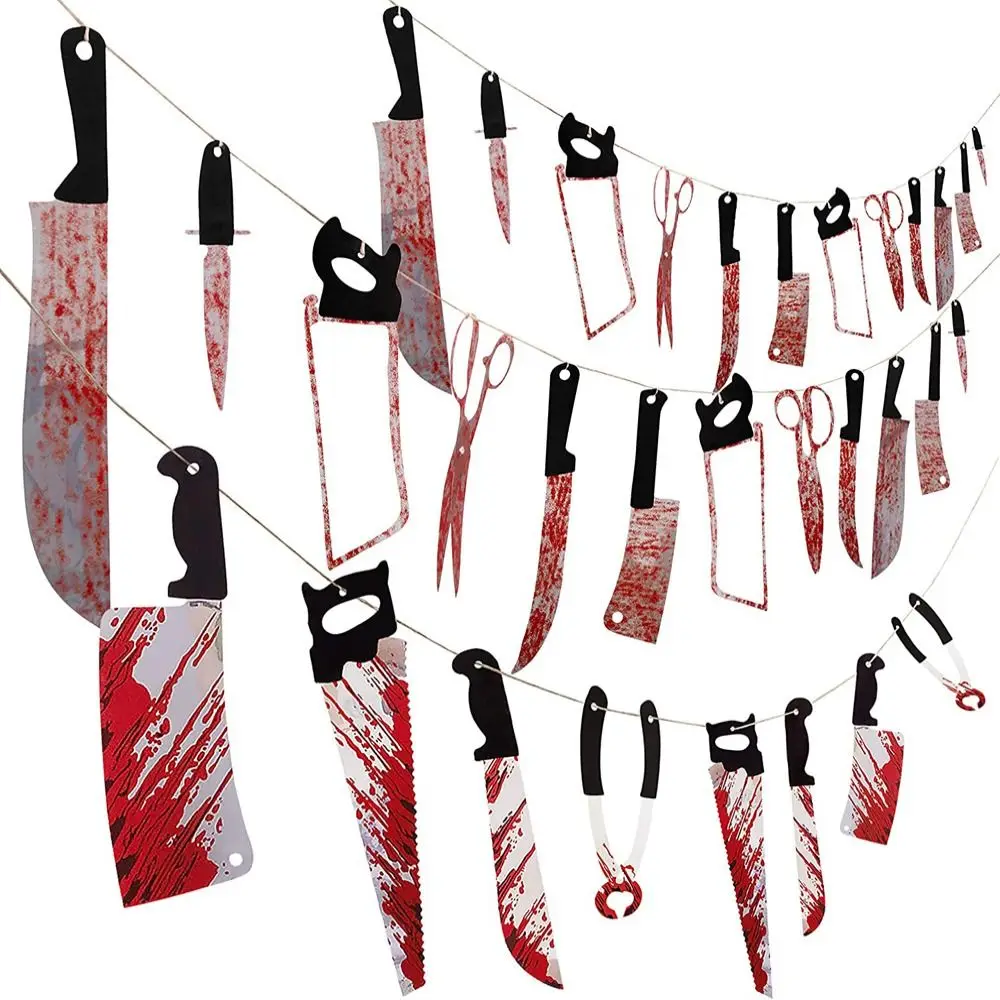 

12pcs/lot 2M Hanging Knife Garland PVC Bloody Knife Tools Banner Halloween Haunted House Decorative Garland Party Supplies