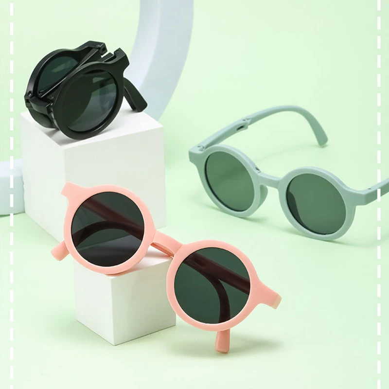 New Summer Kids Folding Sunglasses Uv Protection Retro Round Sun Glasses for Girls Boys Beach Travel Child Eyewear Storage Box