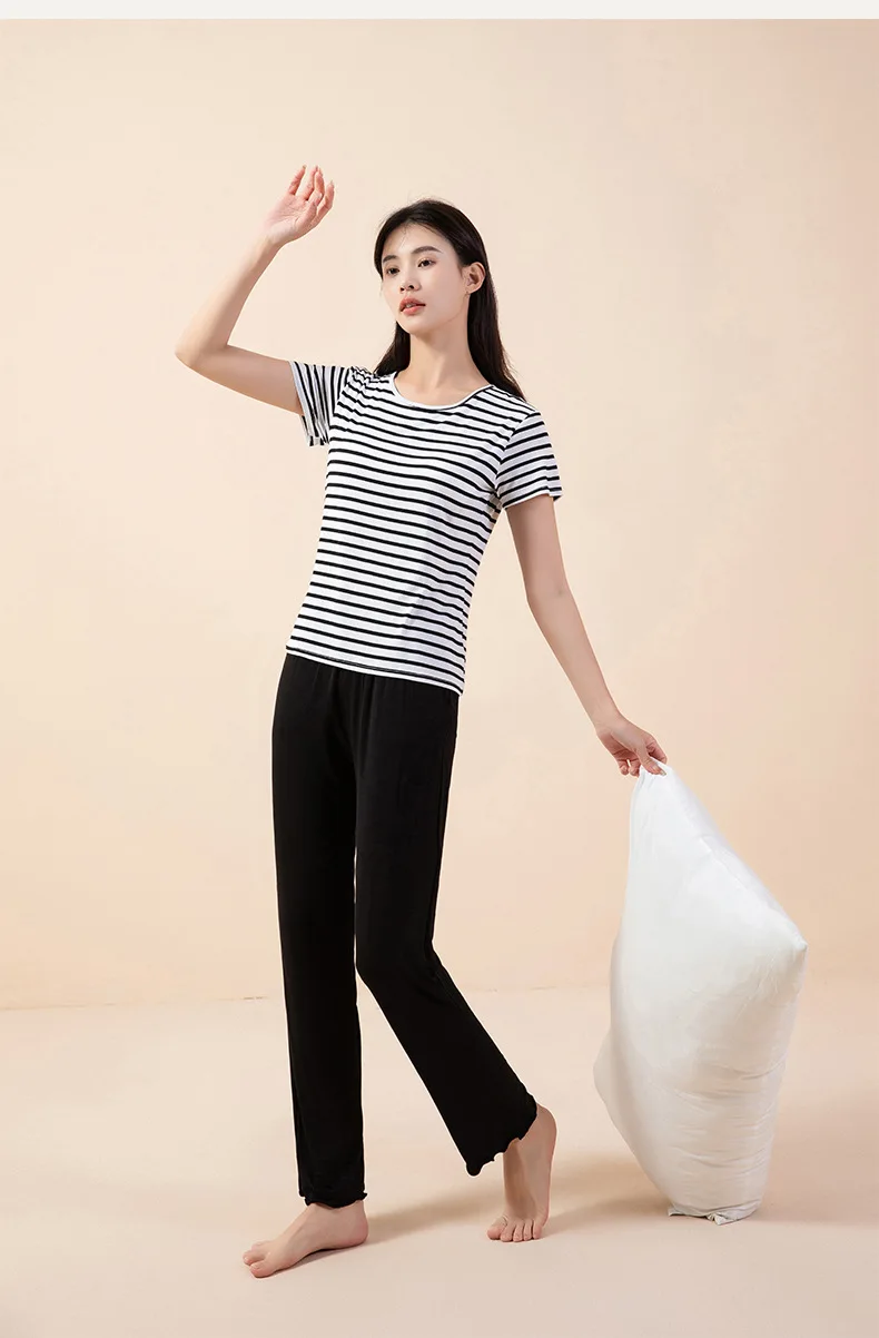 M-3XL Mode Gestreiften Drei Stücke Set Neue Modale Schlaf T-shirt + Shorts + Hose Hause Anzug Sommer Pyjamas Für Frauen nacht Kleidung – Detail 9