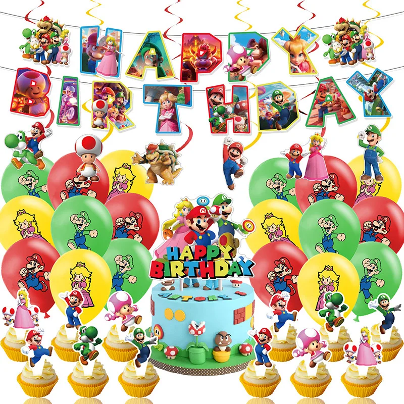 

New Super Mario Movie Party Pull Flag Decoration Set Balloon Cake Insert Row Mario Spiral Birthday Party Decoration Supplies